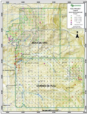 Figure 8: Soil Geochemistry Map (Gold) for Rosa de Oro and Carmen de Pijili Concessions, Pijili Project (CNW Group/Adventus Mining Corporation)