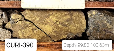 (ADZN-tsxv) (ADVZF-otcqx) Drill Hole CURI-390 - highlighted by 6.50% copper, 22.68 g/t gold, 18.76% zinc, 388.2 g/t silver, and 2.13% lead for 28.00% CuEq (CNW Group/Adventus Mining Corporation)