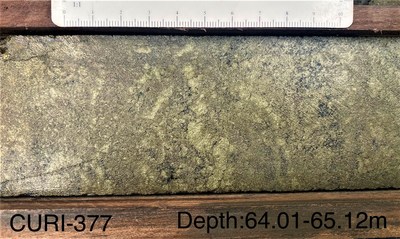 (ADZN-tsxv) (ADVZF-otcqx) Drill Hole CURI-377 - highlighted by 13.43% copper, 1.34 g/t gold, 6.20% zinc, 17.5 g/t silver, and 0.01% lead for 16.08% CuEq (CNW Group/Adventus Mining Corporation)