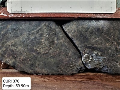 Adventus Drill Hole: CURI 370 - 31.45% copper equivalent (2.26% copper, 21.59 g/t gold, 36.64% zinc, 414.8 g/t silver, and 2.03% lead at 59.90 metres (pictured) (CNW Group/Adventus Mining Corporation)