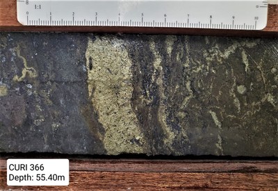 Adventus Drill Hole: CURI 366 - 18.82% copper equivalent (5.20% copper, 8.03 g/t gold, 13.85% zinc, 426.5 g/t silver and 1.89% lead) at 55.4 metres (CNW Group/Adventus Mining Corporation)