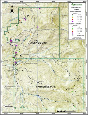 Figure 3: Prospecting Grab and Float Rock Sample Map (Gold values) (CNW Group/Adventus Mining Corporation)