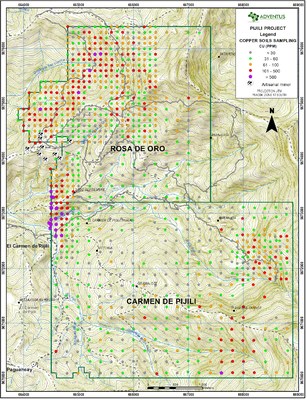 Figure 4: Surficial Soil Sample Map (Copper values) (CNW Group/Adventus Mining Corporation)