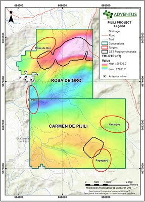 Figure 8: TMI-RTP Airborne Geophysical Map (CET anomaly picks) (CNW Group/Adventus Mining Corporation)
