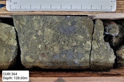 ADZN (tsxv) - Drill Hole CURI-364 at 128.60 metres (5.90 metres of 14.29% copper, 2.11 g/t gold, 1.95% zinc, 34.3 g/t silver, and 0.16% lead for 16.54% CuEq) (CNW Group/Adventus Mining Corporation)