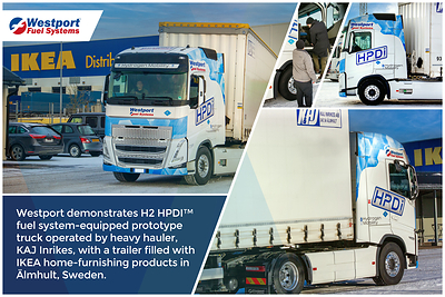 On November 29, 2023, a cold winter day in Älmhult, Sweden, transportation and energy partners successfully completed a heavy transport demonstration utilizing Westport's H2 HPDI™ fuel system-equipped prototype truck pulling a trailer filled with IKEA home-furnishing products. The truck was hauled by KAJ Inrikes with support from key companies representing the entire hydrogen ecosystem. Photo Credit to&nbsp;Göran Rosengren/Tidningen Proffs (CNW Group/Westport Fuel Systems Inc.)