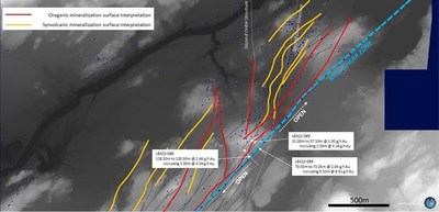 Figure 1: Surface interpretation of the Ishkoday (A-Zone to CRK corridor) mineralized zones and results for hole LBX22-088 and LBX22-089 (CNW Group/Laurion Mineral Exploration Inc.)