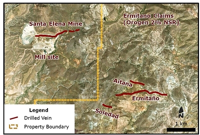 Figure 1 - Ermitaño claims showing the Ermitaño, Aitana, and Soledad veins. (CNW Group/Orogen Royalties Inc.)