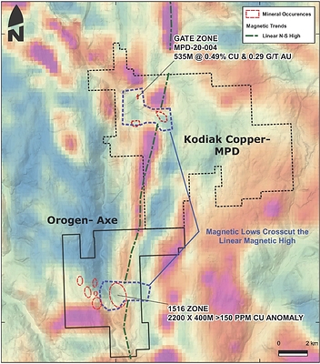 Figure 2: Setting of the 1516 and Gate zones over total magnetic intensity. (CNW Group/Orogen Royalties Inc.)