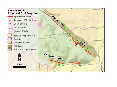 Figure 2. Geologic map of the Sarape project showing the areas proposed for 2021 drilling (CNW Group/Orogen Royalties Inc.)