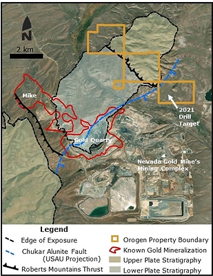 Figure 3 - Geologic map of the Maggie Creek project showing the areas proposed for 2021 drilling (CNW Group/Orogen Royalties Inc.)