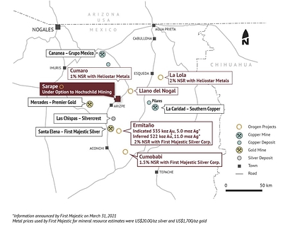 Figure 1. Project map of Orogen’s projects in the Rio Sonora Valley (CNW Group/Orogen Royalties Inc.)