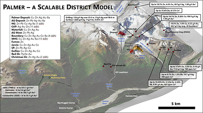Figure 3. Southwest looking view of the Palmer Project showing the distribution of under-explored high-grade exploration targets. See references below for sources of data. (CNW Group/Vizsla Copper Corp.)