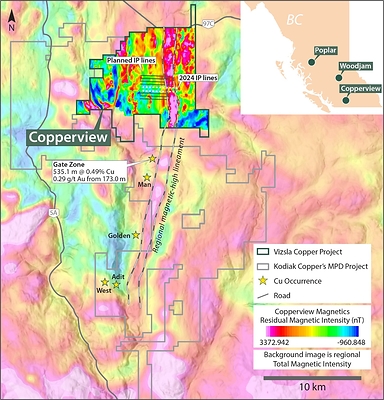 Figure 1. Map of the Copperview Project showing the location of the M5 target in relation to a regional magnetic-high lineament and Kodiak Copper’s Gate discovery.² (CNW Group/Vizsla Copper Corp.)