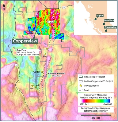 Figure 1. Map of the Copperview Project showing the location of the M5 target in relation to a regional magnetic-high lineament and Kodiak Copper’s Gate discovery (CNW Group/Vizsla Copper Corp.)