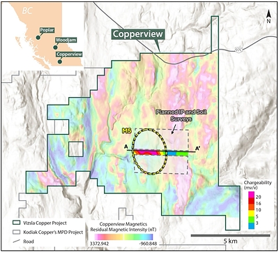 Figure 2. Project scale high-resolution magnetic data showing the location of the IP survey and the strong chargeability anomaly across the M5 target (300m depth slice). (CNW Group/Vizsla Copper Corp.)