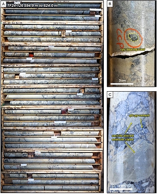 Figure 6. Core photos of the lower breccia zone in TF24-126. A. Box photos showing core from 594.9 to 624.0 meters downhole. Sharp contact with Nicola group volcanics at 598.15 meters. The bleaching of many of the clasts is caused by sericite (white mica) alteration. B. Local chalcopyrite bearing clast in quartz-pyrite cemented breccia. C. Sericite-altered clasts set in a quartz-pyrite hydrothermal cement. Abbreviations: qtz = quartz, py = pyrite, cpy = chalcopyrite. (CNW Group/Vizsla Copper Corp.)