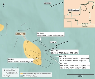 Figure 8. Map of the Redgold Project showing the location of the 2024 drill holes with select historical drill results3. Intervals are downhole length-weighted. True widths are unknown. (CNW Group/Vizsla Copper Corp.)