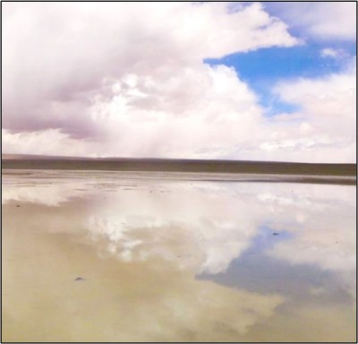 (a) - Figure 2. Photos of the (a) active salar showing lithium rich brines in the north central sector of the property (CNW Group/Monumental Minerals Corp.)