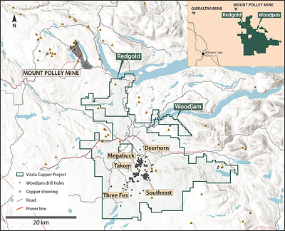 Figure 1: Woodjam and Redgold Property Map (CNW Group/Vizsla Copper Corp.)