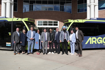 Patrick Brown, Mayor of Brampton; Heidi Dempster, GM of Brampton Transit; Praveen Arichandran, CEO, and Qamar Qureshi, Chief Business Officer, Argo Corp., with Brampton council and staff announcing a $10.9M transit partnership. (CNW Group/ARGO CORPORATION)