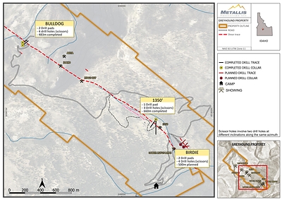 Map 1: Plan view map of the drilling on the Greyhound Property in 2025 (CNW Group/Metallis Resources Inc.)