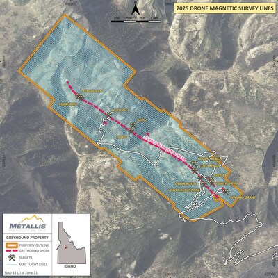 PLANNED DRONE MAGNETIC SURVEY LINES ON GREYHOUND PROPERTY (CNW Group/Metallis Resources Inc.)