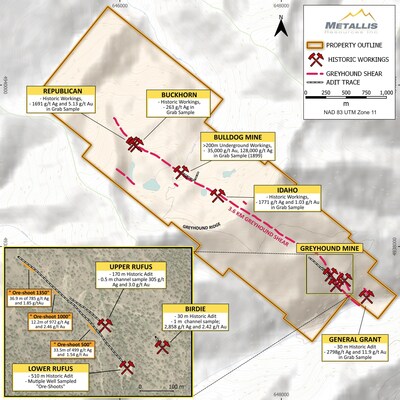 Greyhound property map demonstrating significant silver/gold grades across multiple showings. (CNW Group/Metallis Resources Inc.)