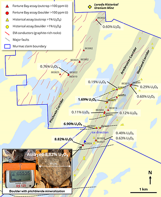 Figure 2: Highlight prospecting assay results for the Murmac Uranium Project. (CNW Group/Fortune Bay Corp.)