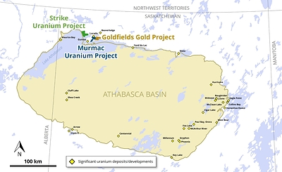 Figure 1: Location of the Murmac, Strike and Goldfields Projects relative to the Athabasca Basin. (CNW Group/Fortune Bay Corp.)