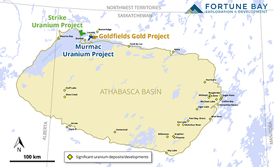 Figure 1: Location of the Goldfields, Strike and Murmac Projects relative to the Athabasca Basin. (CNW Group/Fortune Bay Corp.)