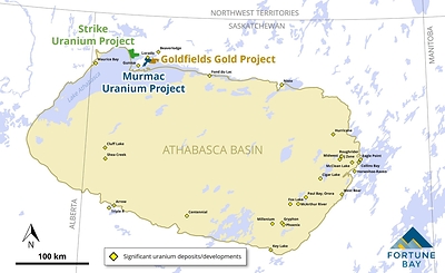 Figure 1: Location of the Goldfields, Strike and Murmac Projects relative to the Athabasca Basin. (CNW Group/Fortune Bay Corp.)