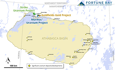 Figure 1: Location of the Goldfields, Strike and Murmac Projects relative to the Athabasca Basin. (CNW Group/Fortune Bay Corp.)