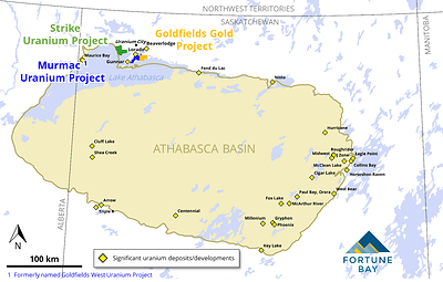 Figure 1: Location of the Goldfields, Strike and Murmac Projects relative to the Athabasca Basin. (CNW Group/Fortune Bay Corp.)