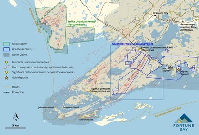 Figure 2: Goldfields West and Strike Uranium Projects infrastructure and geological setting. (CNW Group/Fortune Bay Corp.)