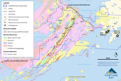 Figure 3: Goldfields West Uranium Project geology and uranium occurrences. (CNW Group/Fortune Bay Corp.)