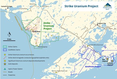Figure 2: Strike Uranium Project infrastructure and geological setting. (CNW Group/Fortune Bay Corp.)