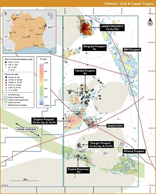 Figure 1: Odienné target map showing the location of the Lando IOCG Target 18km north of Sceptre. (CNW Group/Awale Resources)