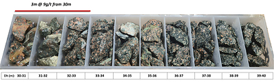Figure 1: Reverse circulation drill chips of high-grade gold mineralization in OERC-89 (3m at 9 g/t Au from 30m downhole). (CNW Group/Awale Resources)