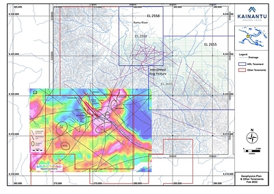 Figure 2: KRL North: Structural Features; Published Regional Airborne Geophysical Survey Mapping – Apparent Conductivity (CNW Group/Kainantu Resources Ltd.)