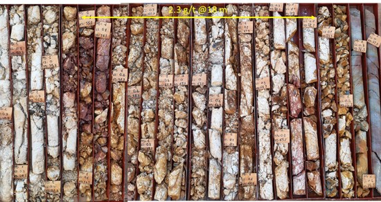 Figure 6: Drill Core Photo DDMan21-106 showing broadly high-grade Sections in saprolite-saprock at MS3
