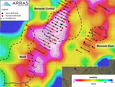 Figure 5: Berezski Central and Berezski East Target with completed and planned drill-holes overlain on MT data at 340m depth. (CNW Group/Arras Minerals Corp.)