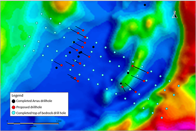 Figure 4. Plan map showing completed and proposed diamond drill-holes and completed top of bedrock drillholes, Berezski Central and Berezski East targets overlain on RTP airborne magnetic data. (CNW Group/Arras Minerals Corp.)