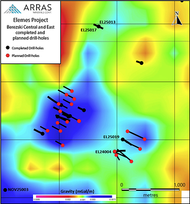 Figure 2. Plan map of the Berezski Centre and Berezski East targets showing planned and completed Arras drillholes overlain on preliminary gravity survey data. (CNW Group/Arras Minerals Corp.)