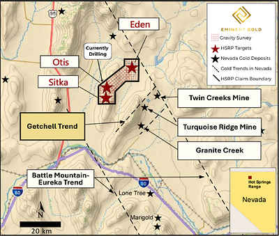 Figure 2. Eminent’s HSRP priority targets relative to the Getchell Trend (CNW Group/Eminent Gold Corp.)