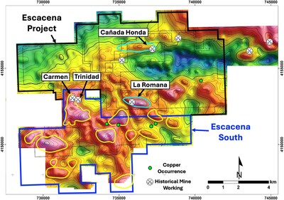 Figure 1 – Gravity anomaly map showing selected targets in Pan Global’s Escacena Project and recently awarded Escacena South area (CNW Group/Pan Global Resources Inc.)