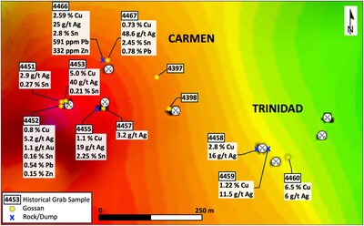 Figure 3 – Historical (early 1980s) rock grab sample results* at the historical Trinidad and Carmen mine area (shaded gravity map base) (CNW Group/Pan Global Resources Inc.)
