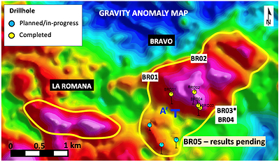 Figure 1 – Gravity anomaly map showing La Romana and the Bravo target, and Bravo drillhole locations (CNW Group/Pan Global Resources Inc.)