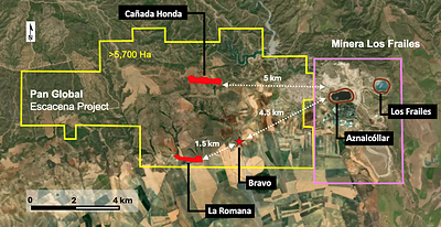Figure 1: Map showing the Escacena Project and neighbouring Minera Los Frailes Project area, highlighting proximity of Pan Global’s La Romana deposit and the two former open pit mines at Aznalcóllar and Los Frailes. (CNW Group/Pan Global Resources Inc.)