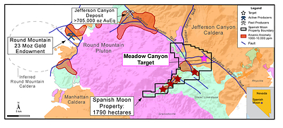Figure 1. Digital geologic map of Nevada from the Nevada Bureau of Mines and Geology showing the regional geology to include major faults, gold mineral occurrences, Spanish Moon Targets (red stars = targets outside of Meadow Canyon Plan of Operations, pink star = target within Meadow Canyon Plan of Operations), and arsenic anomalies (Shaw, 2003). Round Mountain gold endowment from Kinross (2021), Jefferson Canyon inferred gold resource from Gold79 (2022). (CNW Group/Eminent Gold Corp.)
